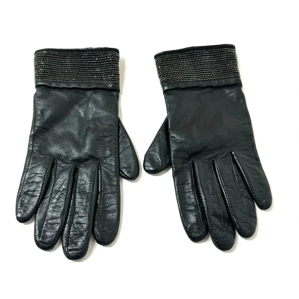 Lauren Ralph Lauren Leather Beaded Black Gloves Size Medium